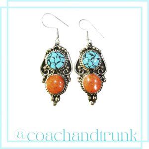 Turquoise Coral Inlayed Silver French Hook Handcrafted Metal Work Earrings